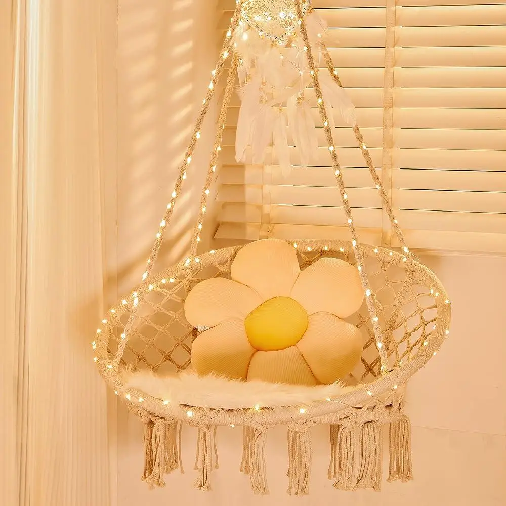Macrame Hanging Chair with LED Lights Indoor Outdoor Swing Chair Decorative Hammock Relaxation Cradle Garden Home Patio 2