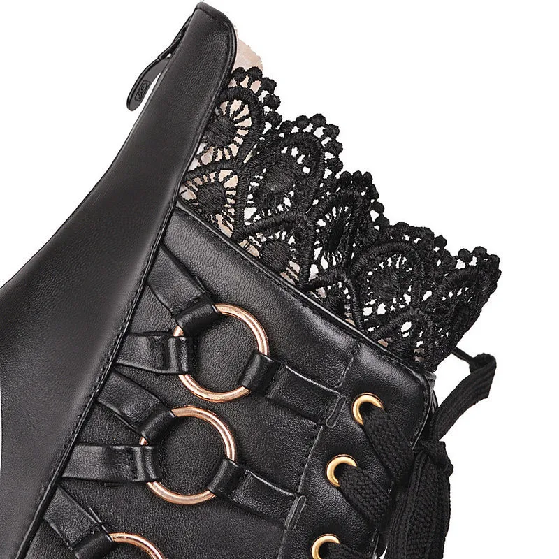 Women Platform Ankle Boots Fashion Round Toe Lace Up Chunky High Heel Ladies Motorcycle Boots Winter Warm Fur Snow Boots 33-43