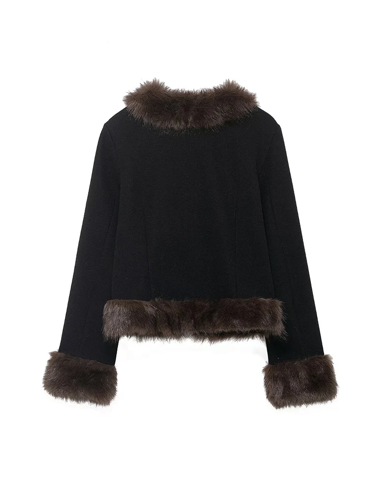 Women's Faux Fur Collar Jacket Fashion Fur Splicing Slimming Outerwear Casual Warm Fluffy Retro Coat Elegant Streetwear New
