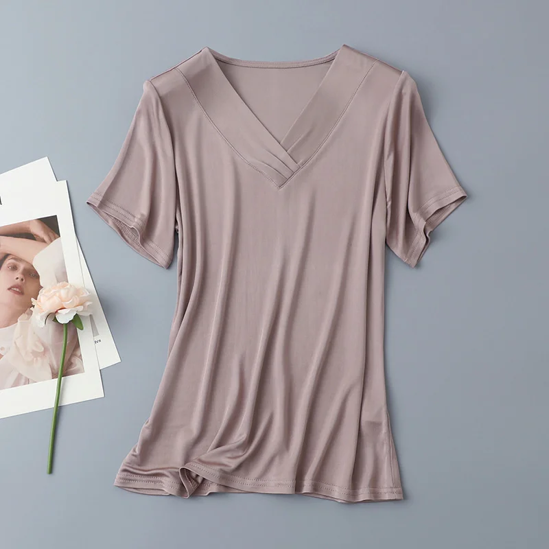 

Summer Pullover Silk T-shirt Women's Casual V-Neck Short Sleeve Loose Breathable Underlay Shirt Womens Fashion Women Tshirt