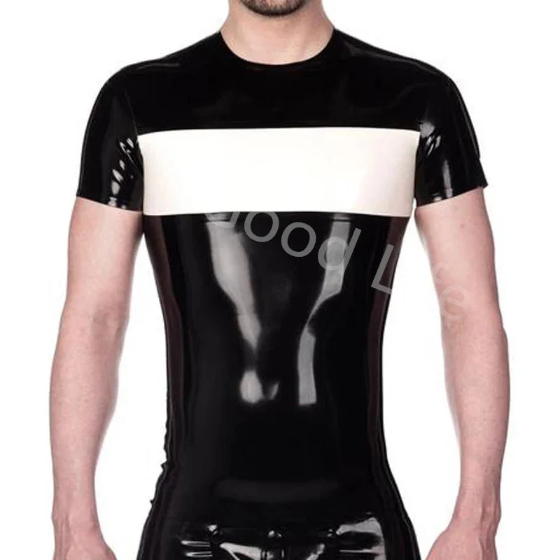 

Latex Rubber Gummi T-Shirt Short Sleeves Black with White Top Basic Cool Customize .4mm for Men