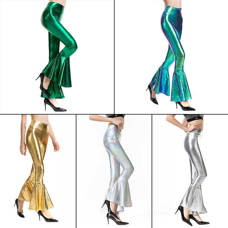 Women Sexy PU Leather Metallic Pants Shiny Holographic Flare Pants Lady Elastic Waist Flared Trousers Dance Performance Clubwear 4