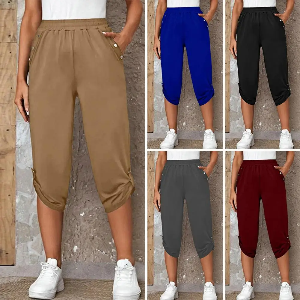 

Mid-rise Elastic Waistband Pockets Loose Fit Quick Drying Breathable Cropped Pants Women Summer Casual Mid-calf Length Pants