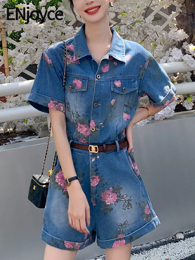 

ENjoyce Summer Women Floral Printed Blue Denim Jumpsuit Shorts Ladies One Piece Overalls Short Sleeve Romper Bodysuit Streetwear
