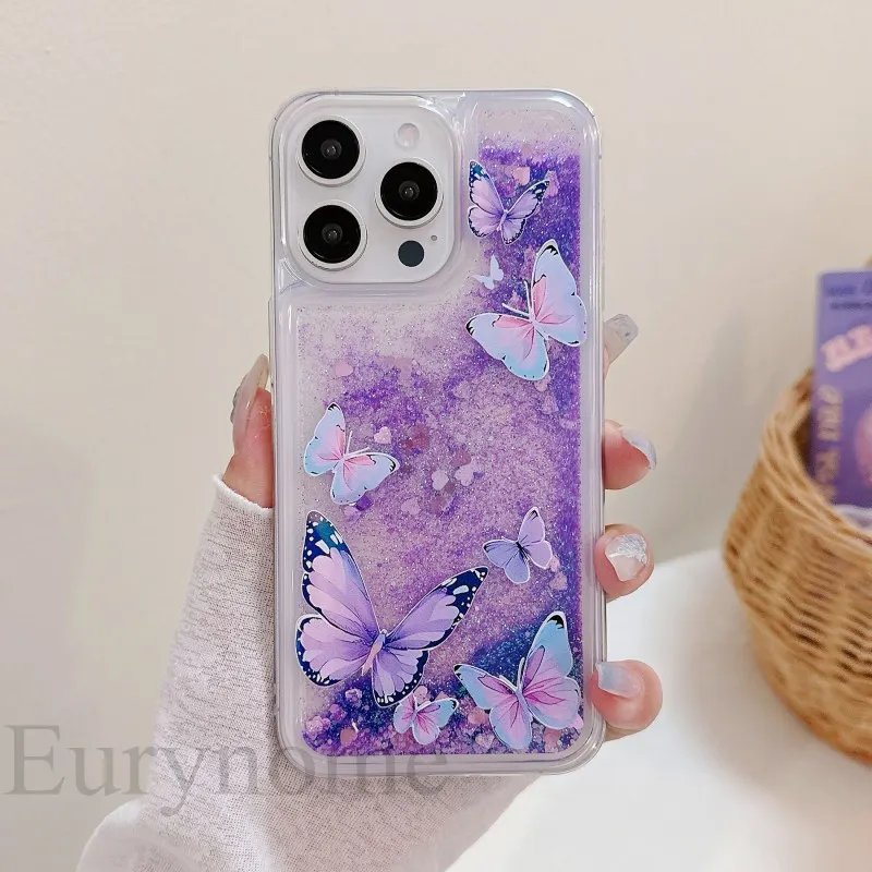 Pink Flower Butterfly Clear Liquid Glitter Quicksand Bling Case