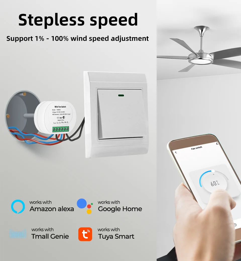 Tuya Wifi Mini DIY Smart Fan Speed Switch Ceiling Fan Controller Smart Life APP Remote Voice Control Work with Alexa Google Home