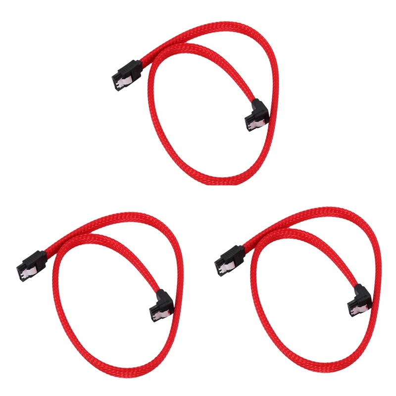 

3X SATA 3.0 III SATA3 7Pin Data Cable Right Angle 6Gb/S SSD Cables HDD Hard Disk Data Cord With Nylon Sleeved(Red) 50CM