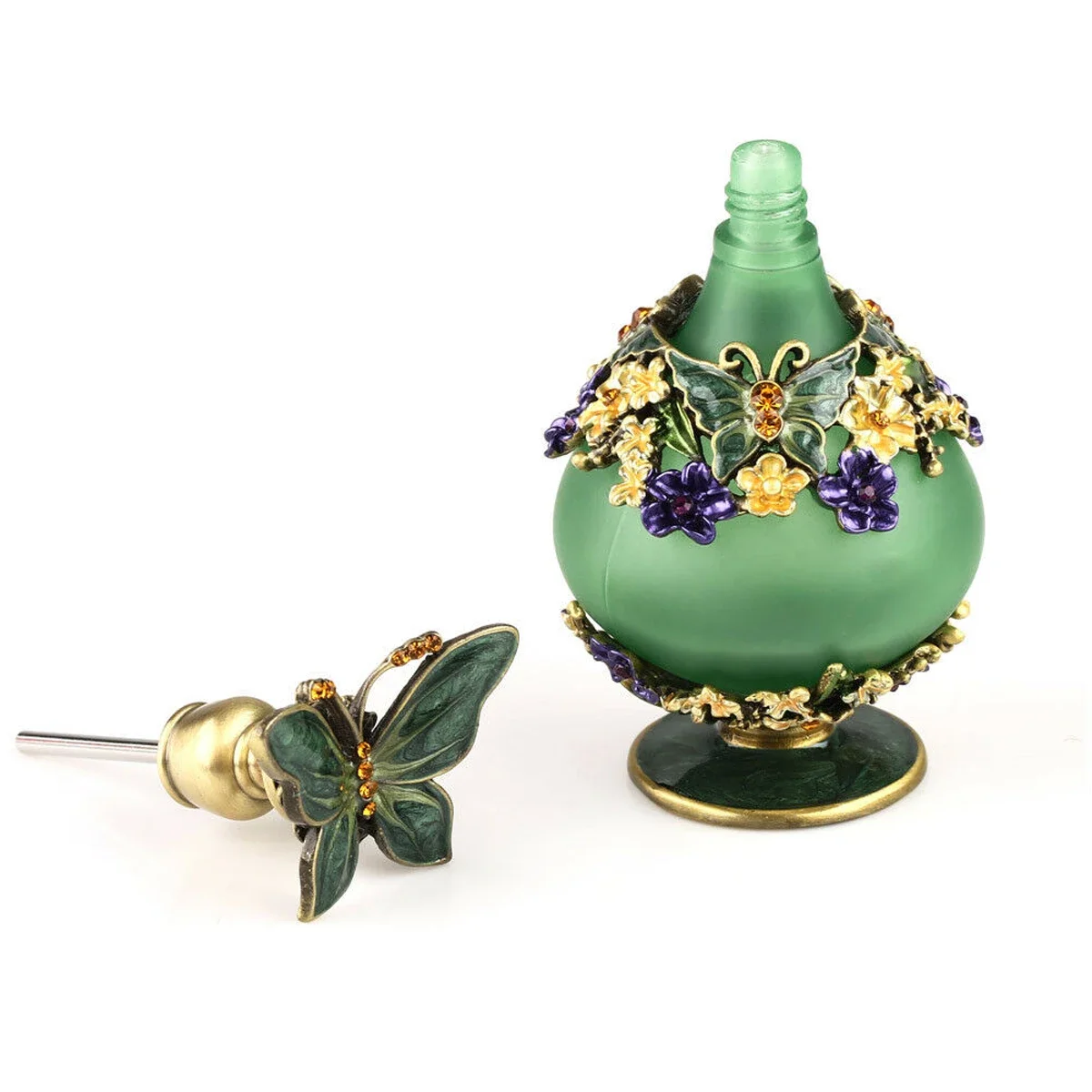 Vintage Perfume Glass Bottle 1pc 25ml Butterfly Cap Flower Painting Metal Art Enamel Frosted Emerald Jar Luxury Box Decoration