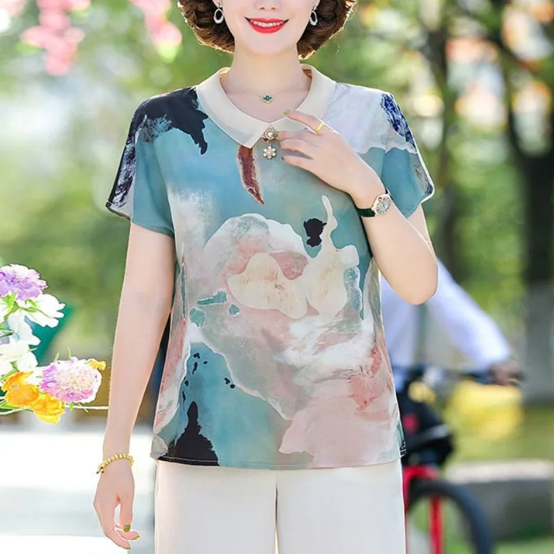 New Women's Summer Chinese Style Natural Scenery Printed Peter Pan Collar Lace Beading Short Sleeve Commute T-shirt Loose Tops