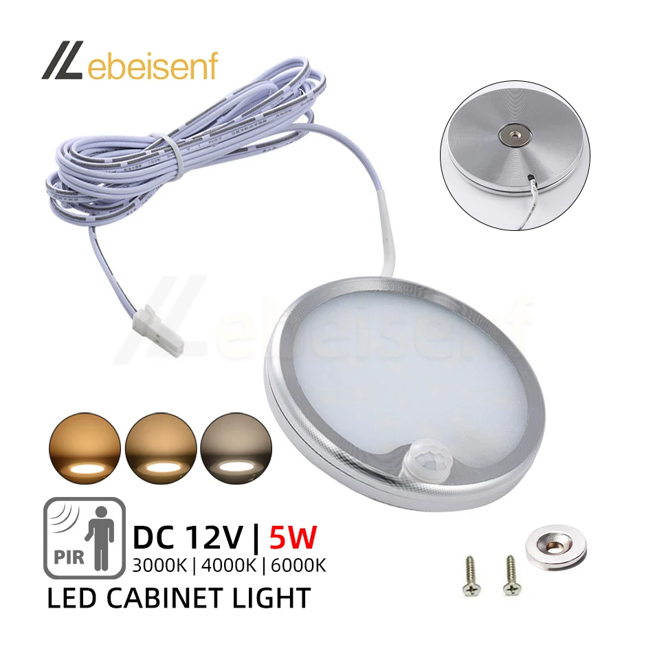 PIR 바디 센서 스위치 LED 캐비닛 라이트 DC 12V 5W 구멍 없음 절단..