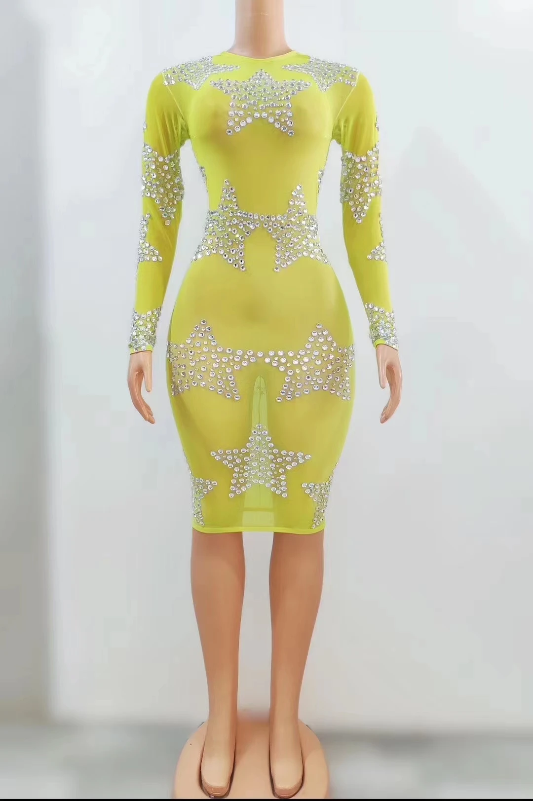 Silver Rhinestones Stars Pattern TransparentDress Women Dance Long Sleeves Dress BirthdayCelebrate Sexy Outfit xingxing  A390