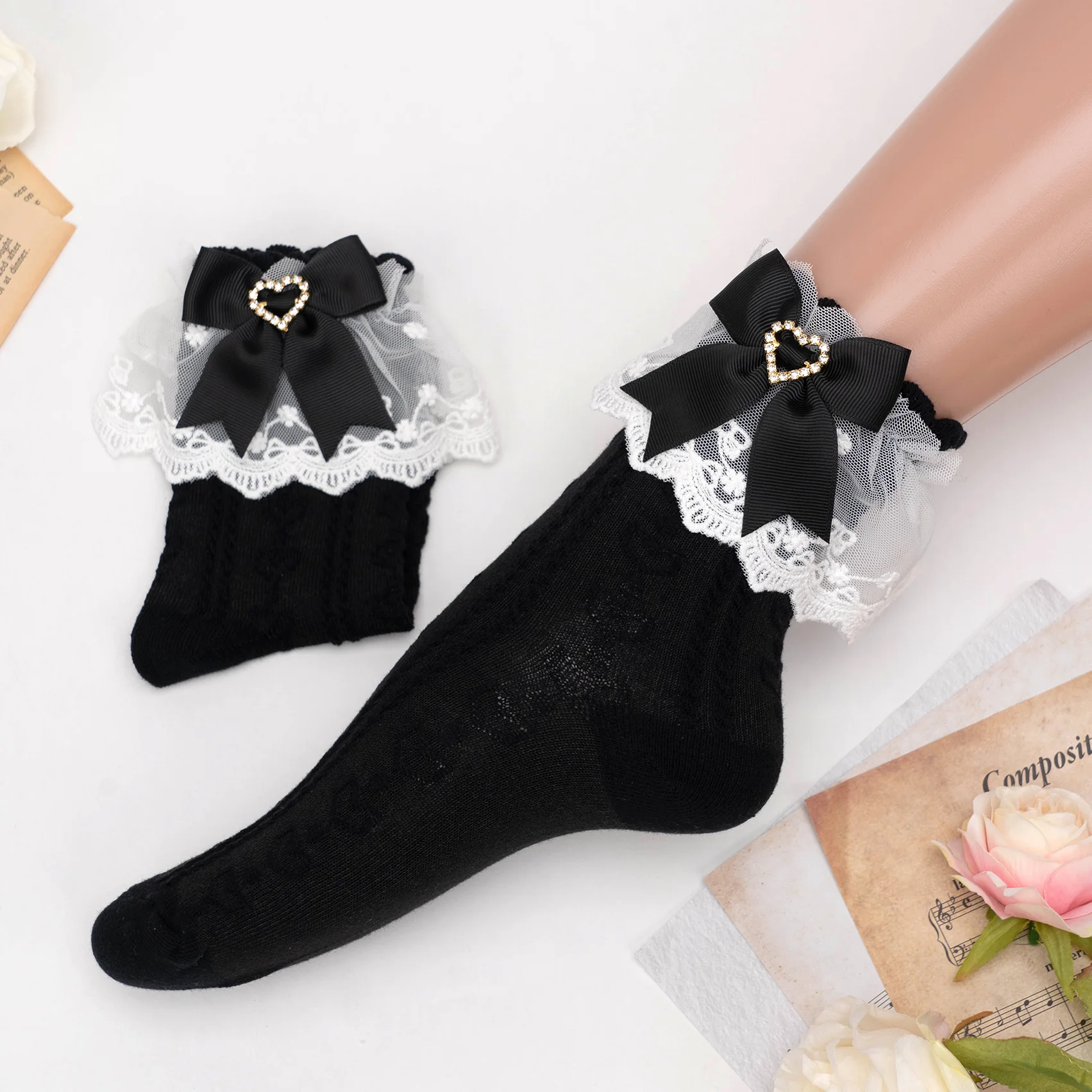 Japanese Style Ruffles Cotton Sock Mine Series Mass-Produced JK Lovely Heart-Shaped Sweet Bow Socks Lolita White Socks for Girl