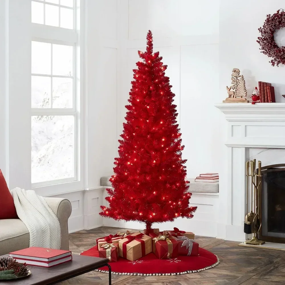 

Christmas Tree Free Shipping Pre-Lit Red Flocked Pine Artificial Christmas Tree 200 Clear Lights Christmas tree Decoration Decor