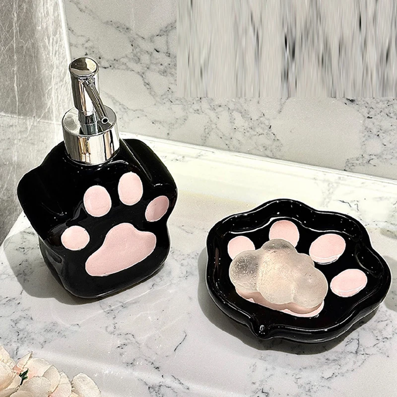 Ceramic Cute Cartoon cat paw Shaped Soap Dish Storage Rack, Home Bathroom Supplies Creative Light Luxury Drain, No Punching, 1Pc
