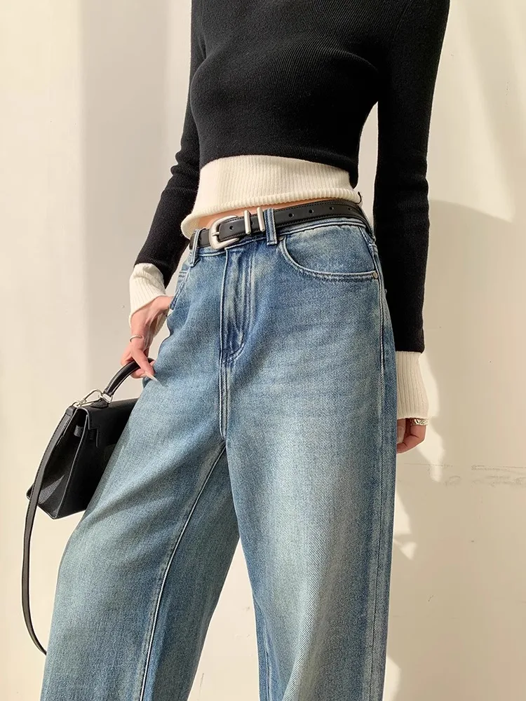 Blue Washed Casual Jeans Women'S Autumn And Winter New Straight Leg Loose Wide Leg Pants Long Pants