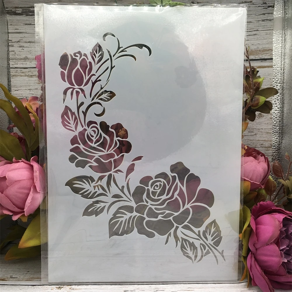 6Pcs A4 29cm Rose Flower Plum Garland DIY Layering Stencils Wall Painting Scrapbook Coloring Embossing Album Decorative Template
