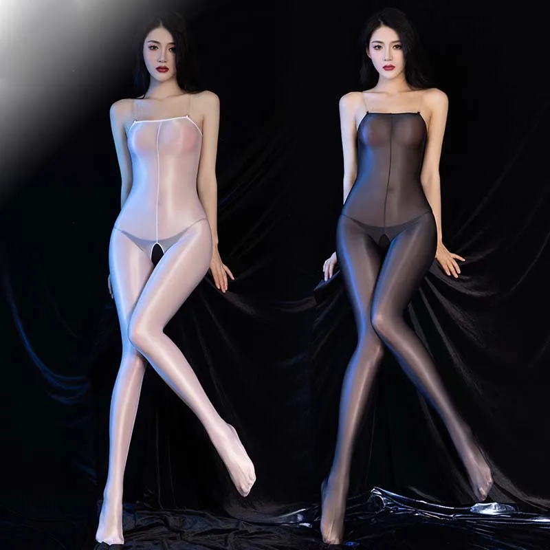 

Sexy Underwear Women Oil Glossy Bodystocking Open Crotch Lingerie Transparent Spaghetti Strap Bodyhose Bodysuit