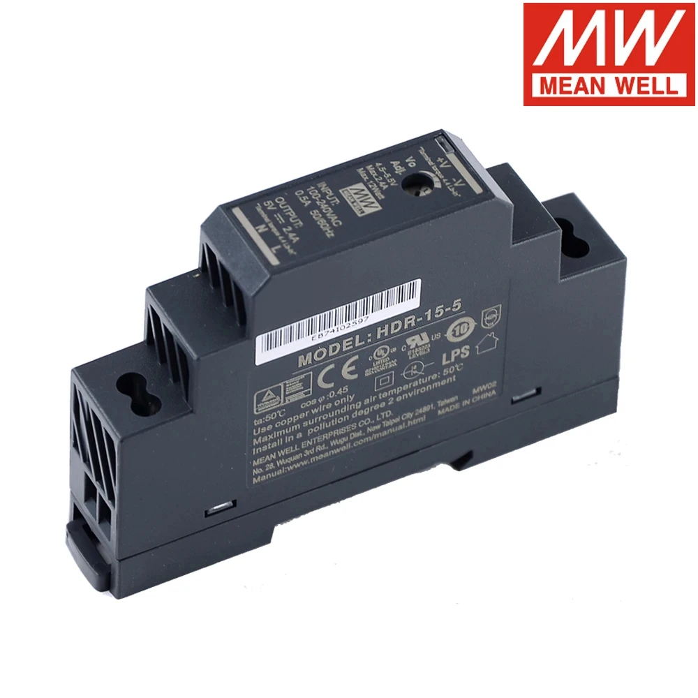 Mean Well HDR-15 초슬림 DIN 레일 전원 공급 장치, HDR-15-5 HDR-15-12 HDR-15-24, 15W, 85-264VAC, DC 5V, 12V, 24V, 48V