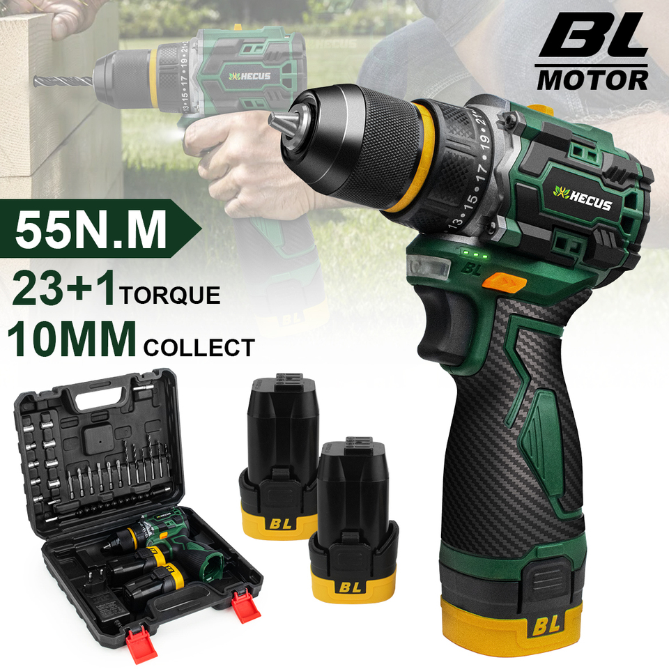 55N.M 10MM 23+1 Torque Brushless Electric Impact Drill Metal Ratchet Chuck Cordless Drill Electric Screwdriver DIY Power Tools