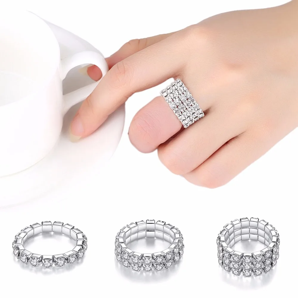 Fashion Style Elastic Silver Plated Tone 3 Row Crystal Rhinestone Finger Ring Toe Ring Bridal Jewelry 1pcs finger ring silver ring zircon crystal ring