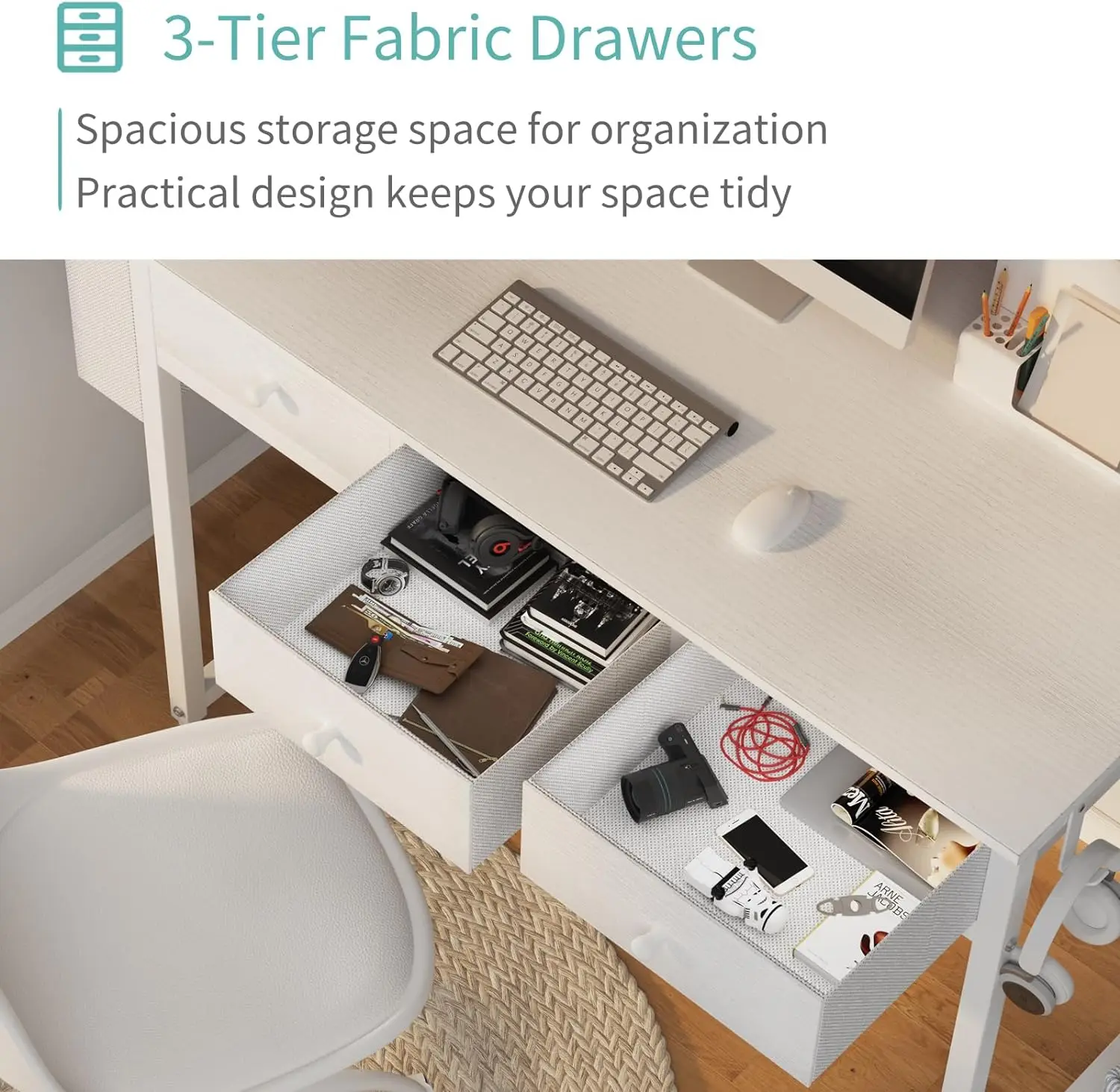 Lufeiya Small White Computer Desk with Fabric Drawers for Home Office Bedroom, 40 Inch Vanity Desk with Drawer Storage