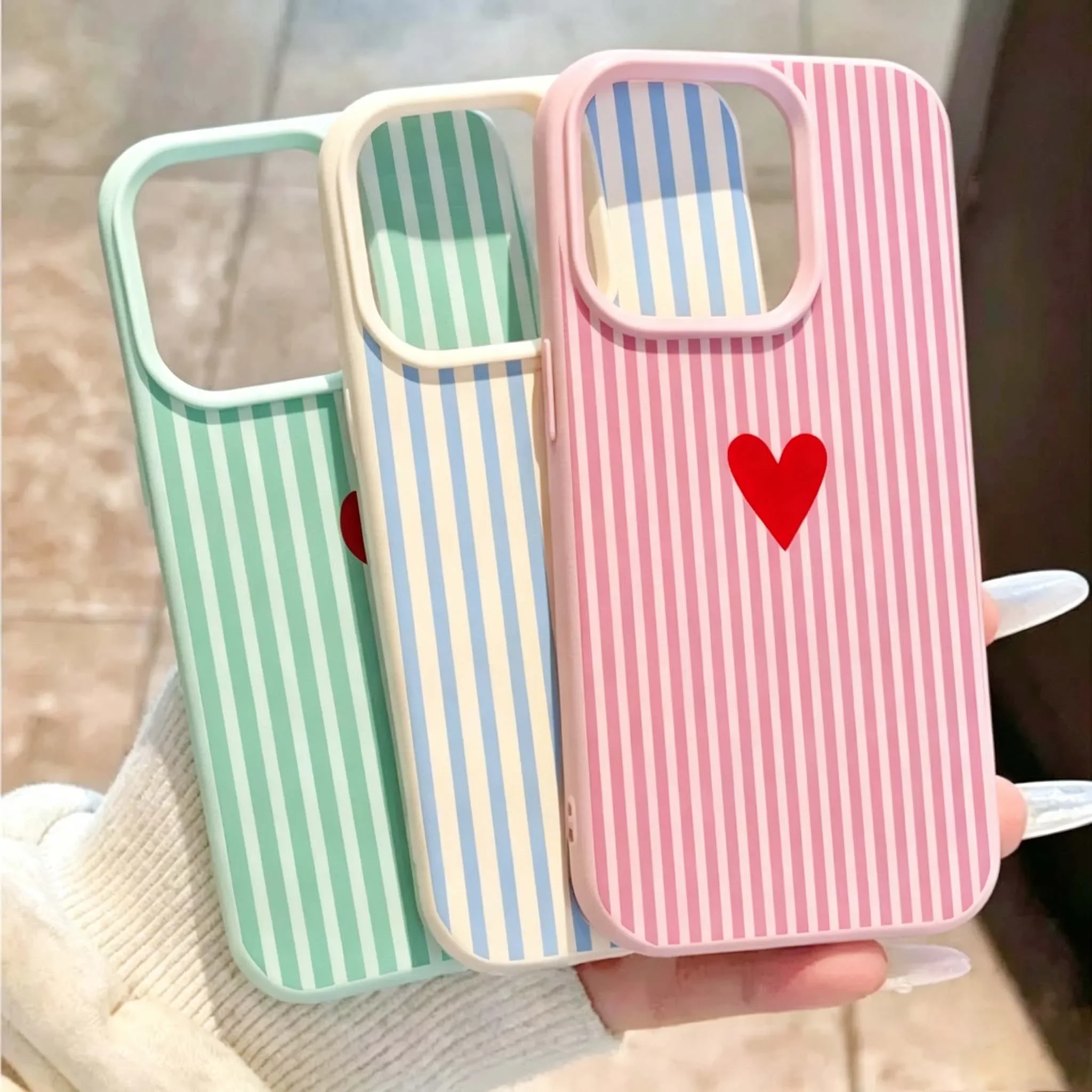 Minimalist Colorful Striped Red Heart Leather Phone Case