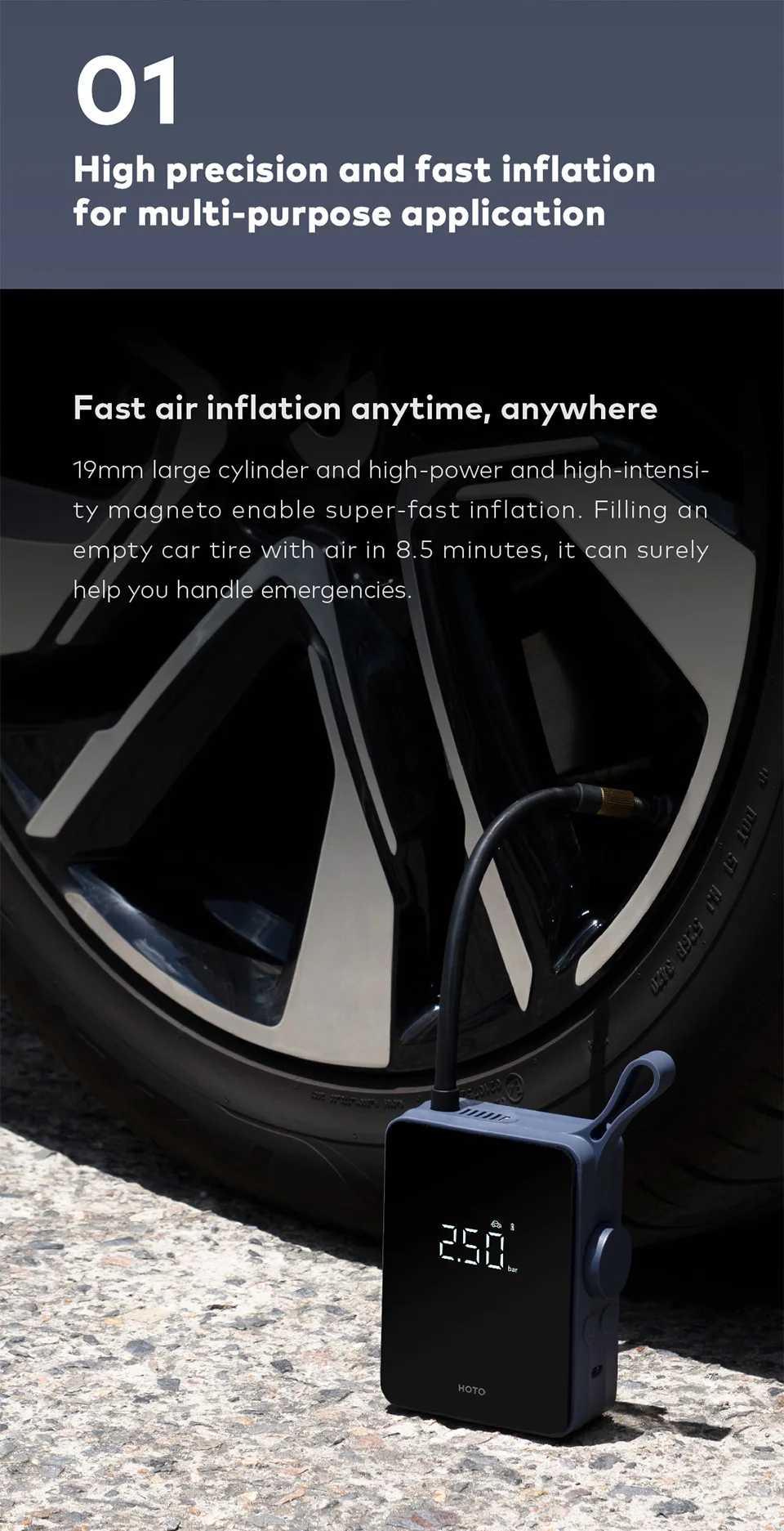 HOTO Electric Air Pump Mini: Smart Portable Wireless Tire Air Pump with Digital Detection