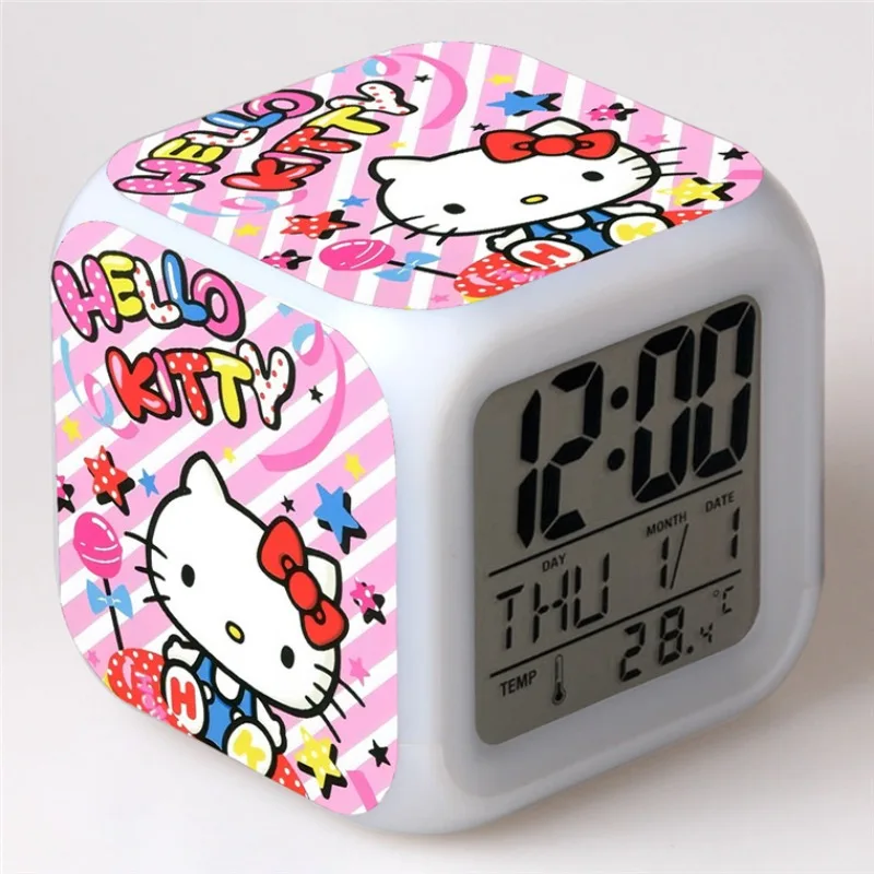 

Sanrio Hello Kitty Alarm Clock Mymelody Kuromi Cinnamoroll Pochacco Anime Figures LED Colorful Glowing Digital Alarm Clock Gifts