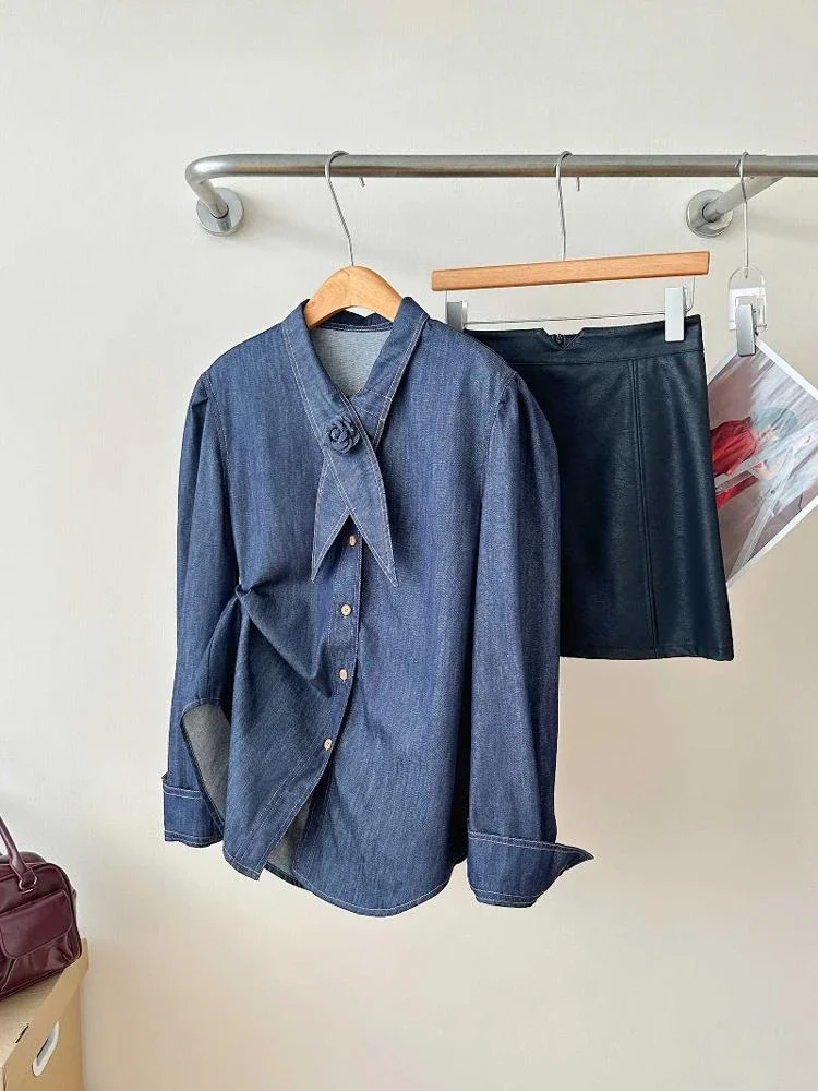 Camisa vaquera de flores para mujer, blusa ajustada de manga larga