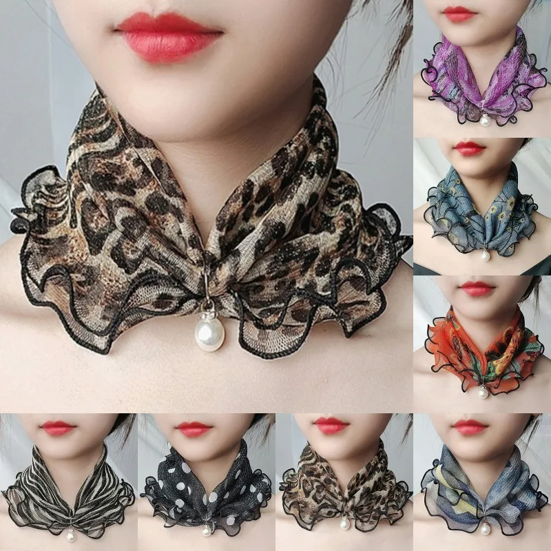 

Women'S Lace Silk Scarf, Creative Necklace, Fake Pearl Pendant, Button Scarf, Clothing Accessories