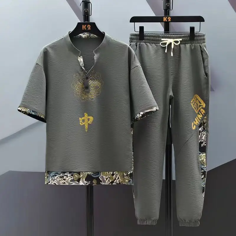 Summer Chinese Style Linen Tang Suit Traditional Clothing Men Tai Chi Uniform Retro Print V-neck Short Sleeve Shirt Pants Set 5