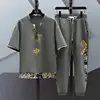 Summer Chinese Style Linen Tang Suit Traditional Clothing Men Tai Chi Uniform Retro Print V-neck Short Sleeve Shirt Pants Set 5