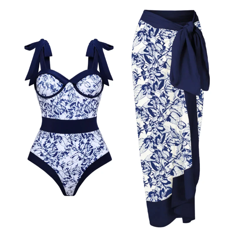 

2023 Ruffle Shoulder One Piece Swimsuit and Sarong Women Swimwear Push Up Bathing Suit Monokini