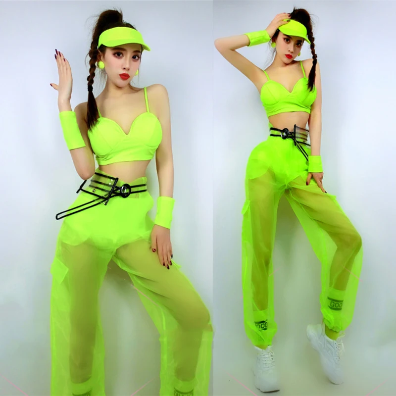 

Women Hip Hop Clothes Dj Jazz Dance Performance Costume Nightclub Stage Wear Gogo Dance Fluorescent Green Outfit Bikini