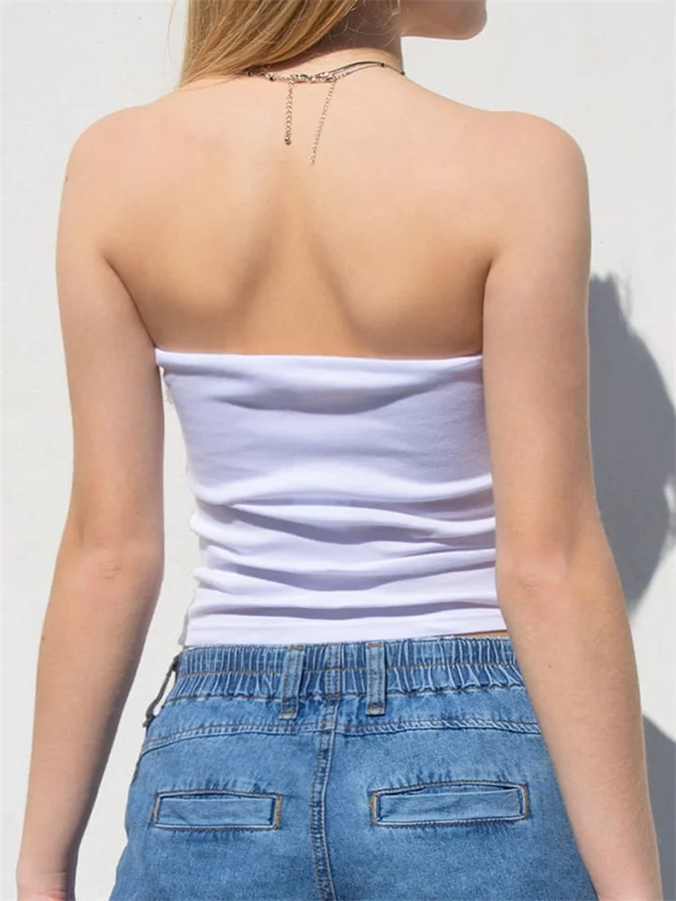 Women White Crop Tops Summer Street Style Sleeveless Strapless Ribbed Tube Tops Solid Color Base Vest Backless Tank