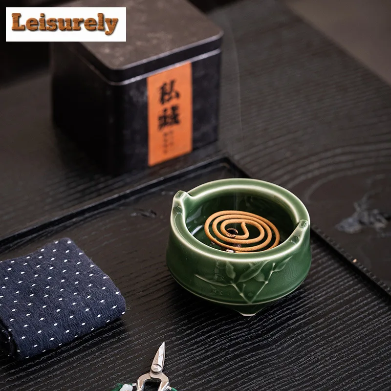 Relief Bamboo Charm Ceramic Incense Burner Chinese Tripod Thread Aroma Insertion Seat Home Indoor Small Aromatherapy Furnace