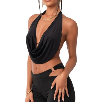 New Fashion Women Halterneck Tops Summer Casual Front Draped Bandage Backless Sleeveless Tops Streetwear 1