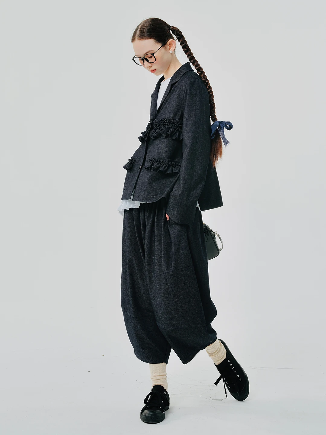 IMAKOKONI original design black loose V-neck business lace stitching suit jacket women 244533