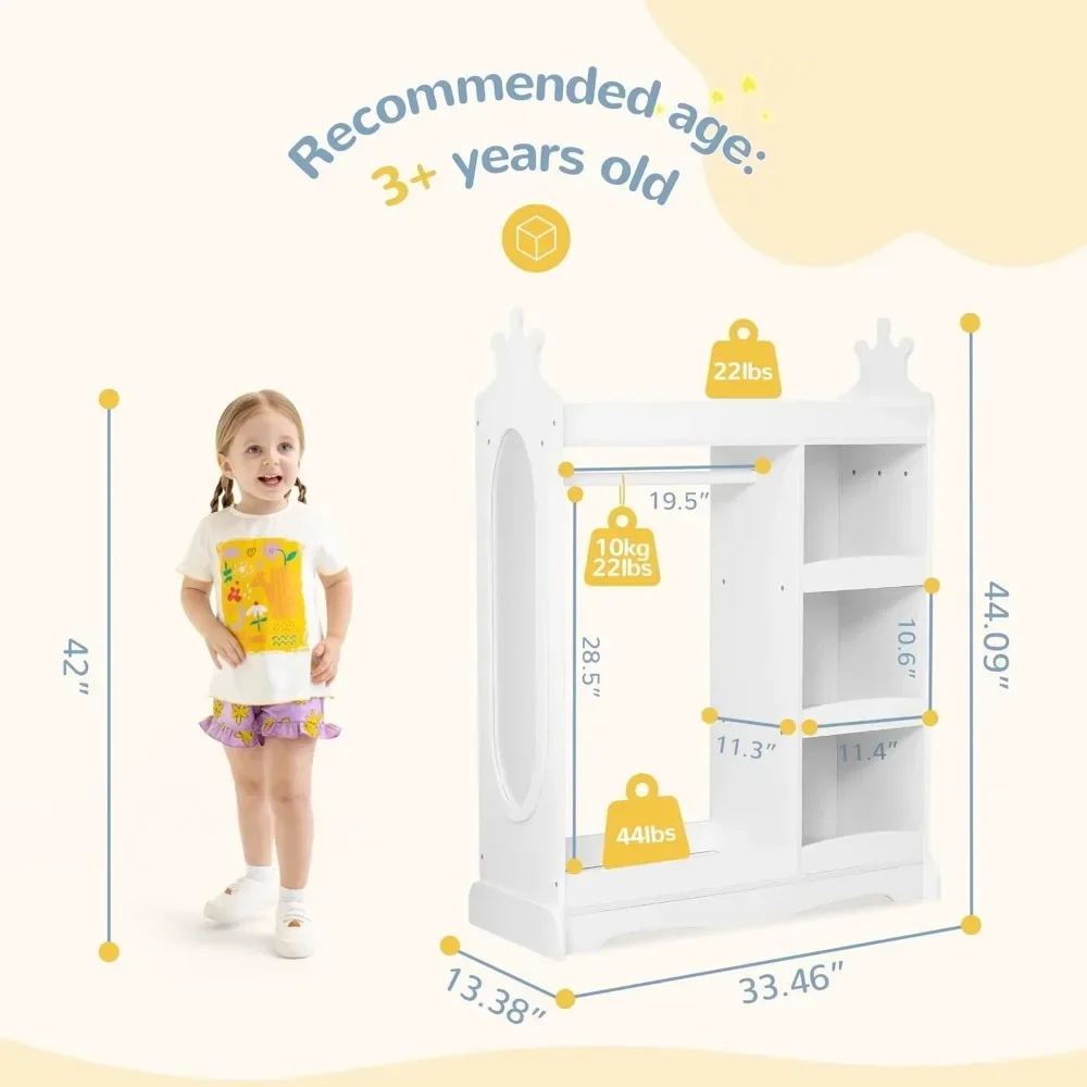 Kids Dress-up Storage with Mirror, Childrens' Wardrobe with 3 Hooks, Kids Closet for Girls Boys, Armoire Costume Organizer