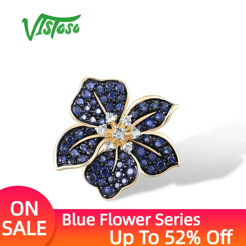 VISTOSO 9K 375 Yellow Gold Pendant For Women Lab Created Sapphire White Topaz Blue Lily Flower Pendant Delicate Fine Jewelry