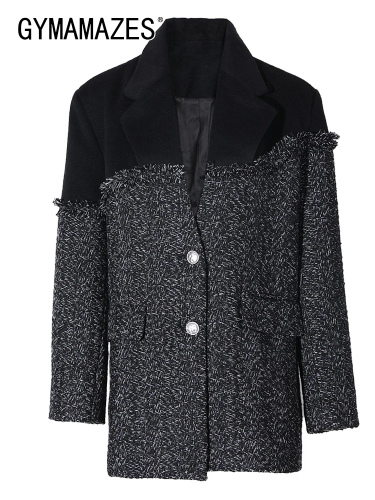 

GYMAMAZES Vintage Spliced Pockets Blazers For Women Notched Collar Long Sleeve Patchwork Single Breasted Casual Blazer Female