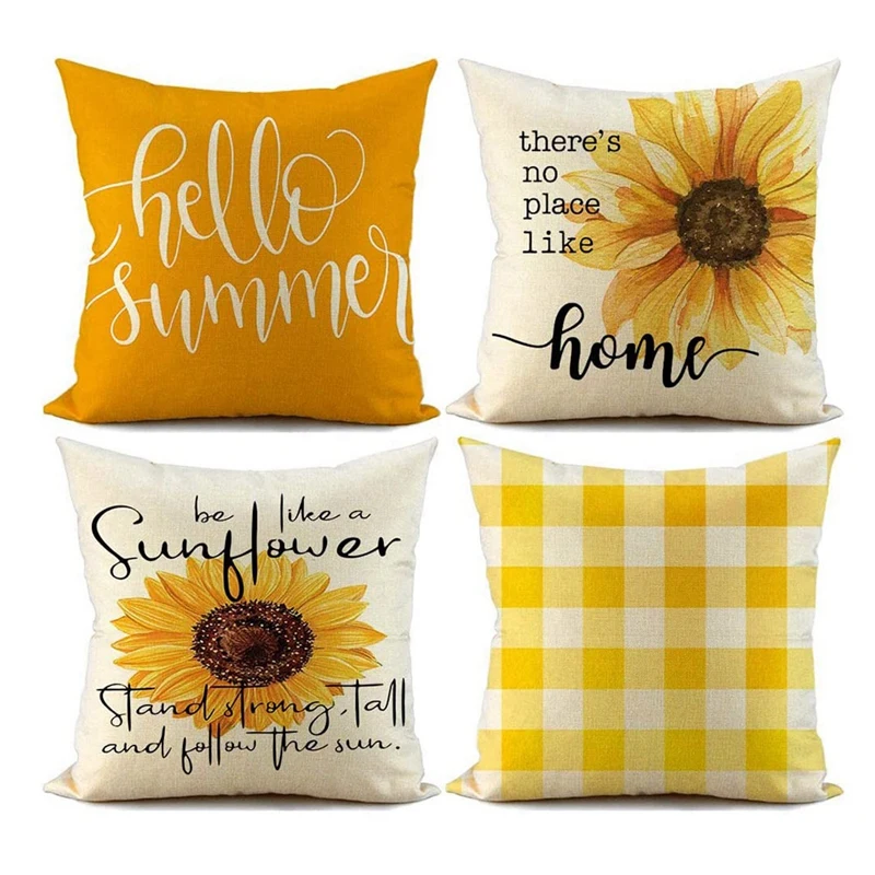 

Promotion! Summer Pillow Covers 18X18 Set Of 4 Farmhouse Throw Pillows Summer Decorations Buffalo Sunflower Cushion Case