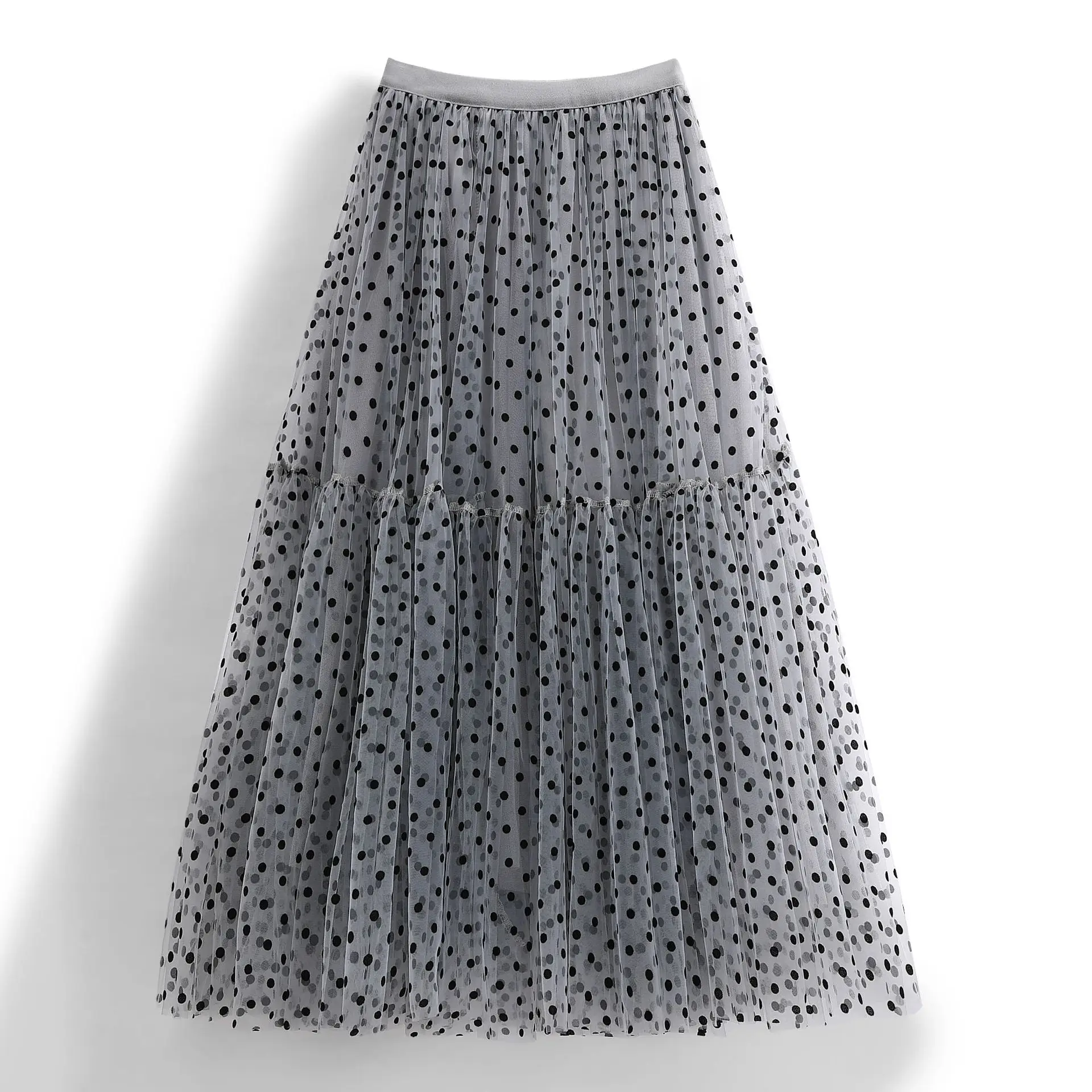 Polka Dot Tulle Skirts Women's Summer White Midi Skirt Korean Cute Ladies Women Elastic High Waist Pleated Mesh Tutu Skirt