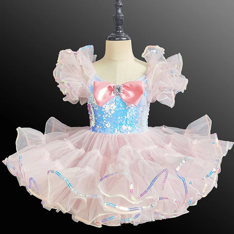 

2023 New Kids Sequined Ballet Tutu Professional Dance Dress Girls Costume Stage Wear Toddler Bubble Sleeve Performance Clothes