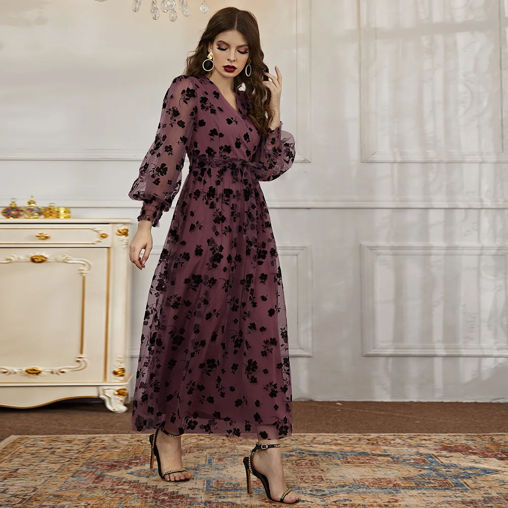 

TY-471 European and American women's fashion and leisure 2023 autumn V-neck long sleeved high waisted floral print lace Dress