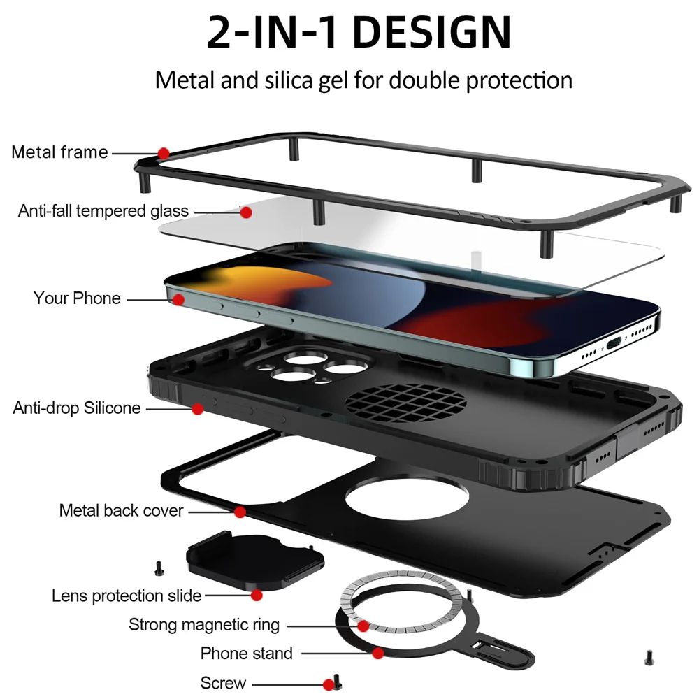 

360 Full Protection Magsafe Case For iPhone 15 Pro Max Case Luxury Aluminum Metal Armor Case Shockproof Funda For iPhone 15 Case
