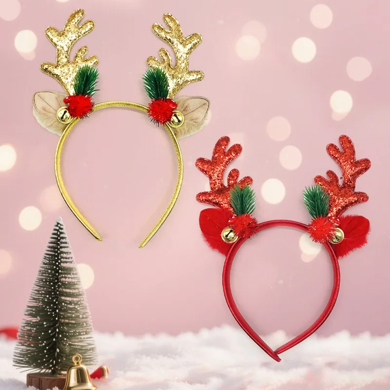 Christmas Reindeer Antlers Headbands, Glittery Gold & Red Xmas Hair Hoops, Festive Holiday Party Hair Accessories For Kid Adults