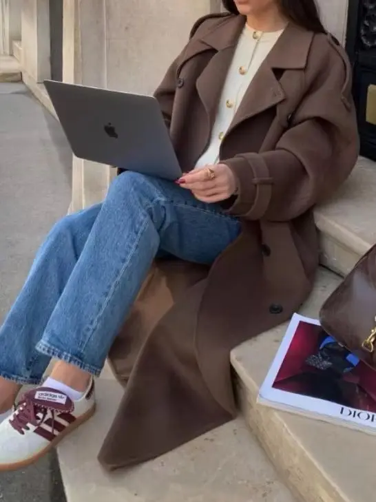 Vintage Long Coat Women's Streetwear Woolen Overcoat Belted Lapel Coats Fall Female Mature Stylish Versatile Outerwears
