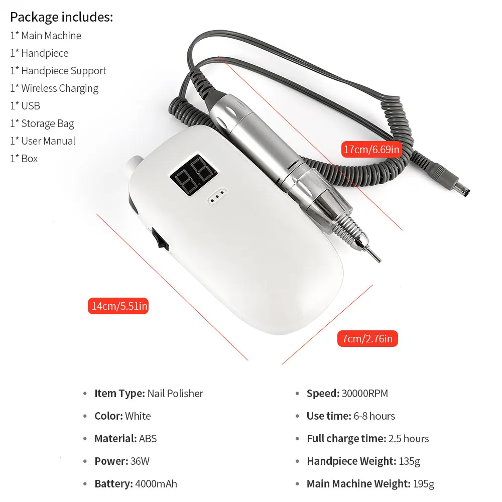 36W Nail Drill Machine Kit Professional 30000RPM Electric Nail Polisher Portable Wireless Charging Manicure Pedicure Nail Device 4