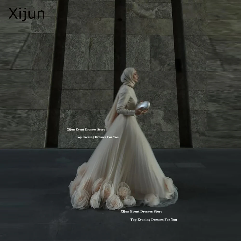 Women prom dresses Xijun Modest Ivory Long Evening Dresses 3D Flowers A-Line Muslim Wedding Dresses Dubai Formal Occasion Prom Gown Customized